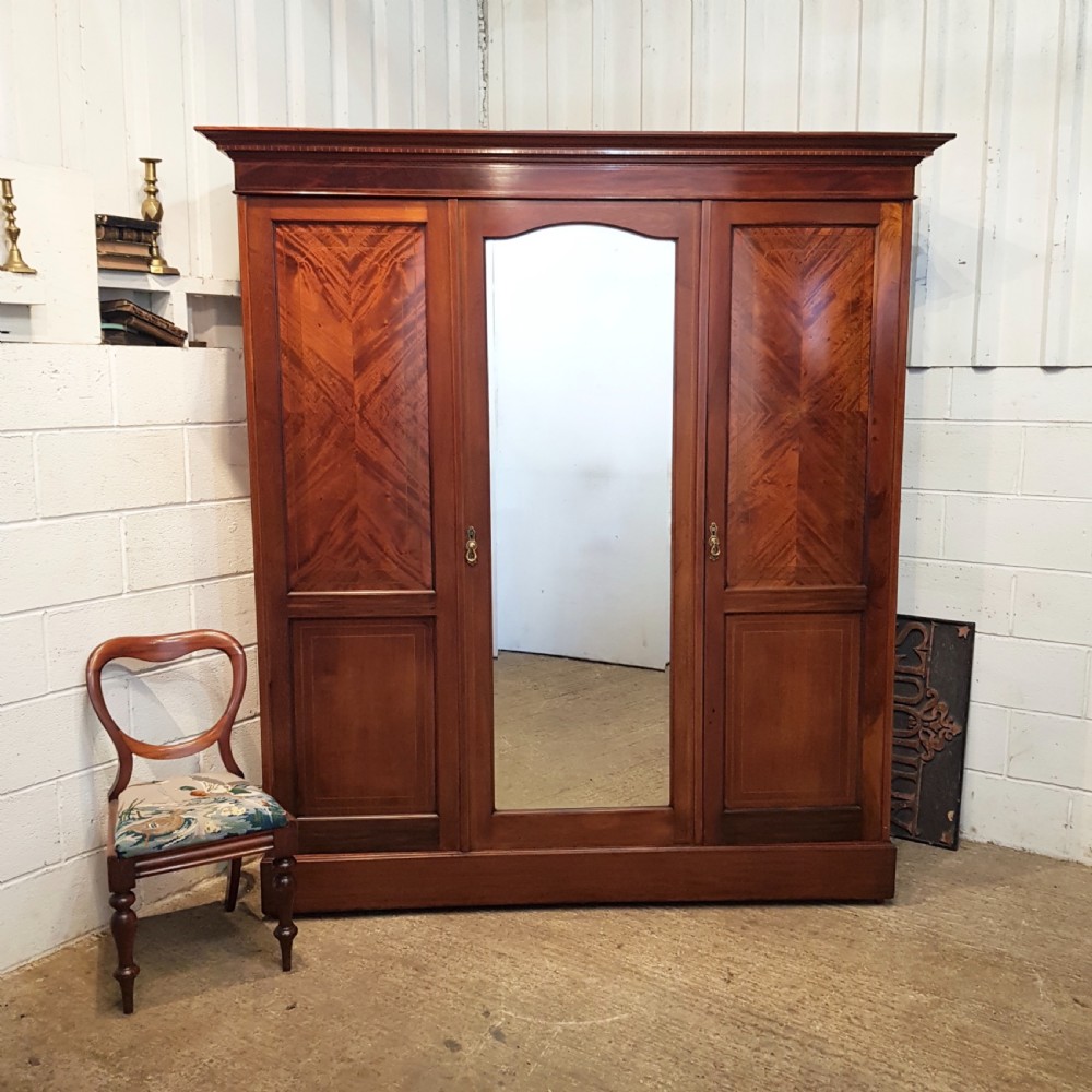 ANTIQUE EDWARDIAN INLAID MAHOGANY TRIPLE WARDROBE C1900