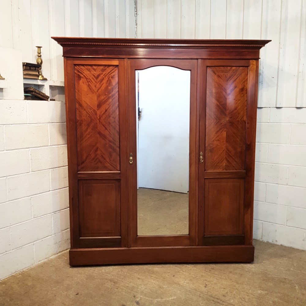 ANTIQUE EDWARDIAN INLAID MAHOGANY TRIPLE WARDROBE C1900 View II