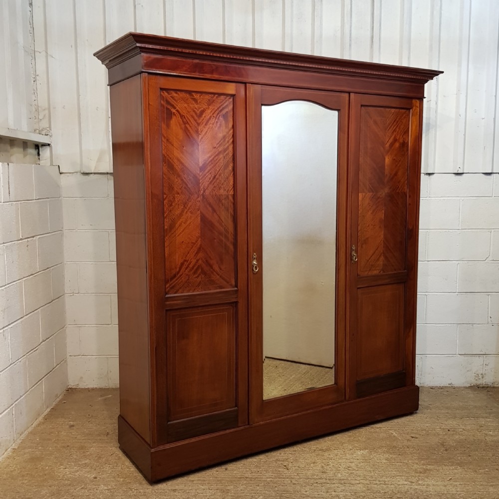 ANTIQUE EDWARDIAN INLAID MAHOGANY TRIPLE WARDROBE C1900 View VI