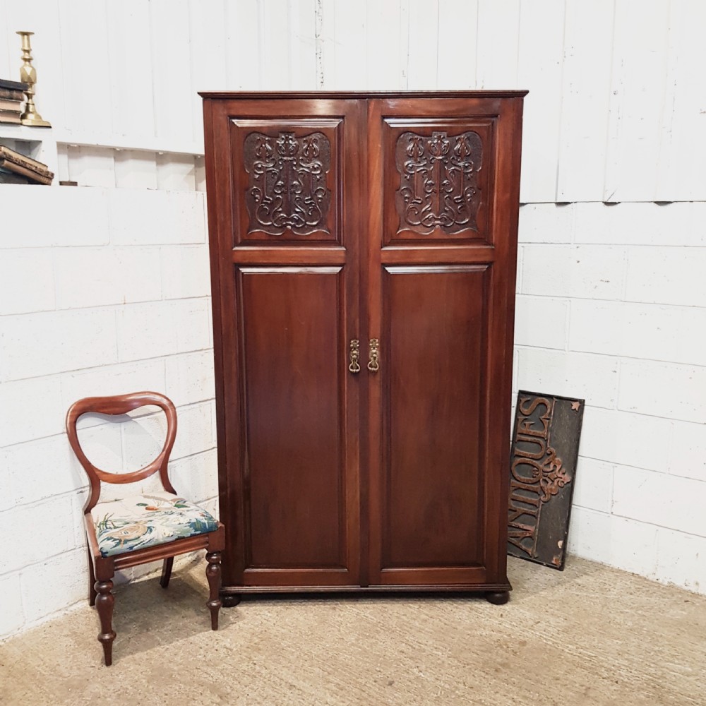 ANTIQUE ART NOUVEAU MAHOGANY DOUBKE WARDROBE C1900