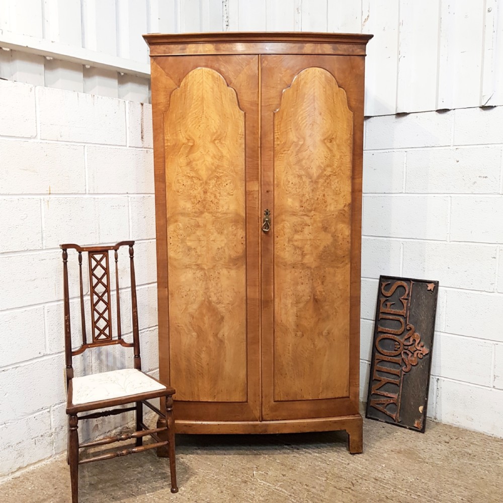 ANTIQUE BURR WALNUT BOW FRONTED DOUBLE WARDROBE C1920