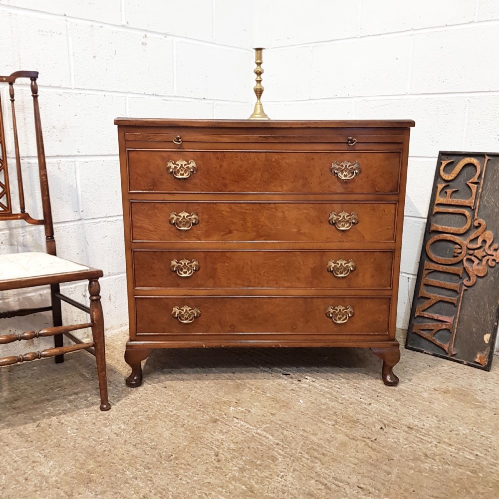 ANTIQUE BURR WALNUT CHEST OF DRAWERS WITH BRUSH SLIDE C1920