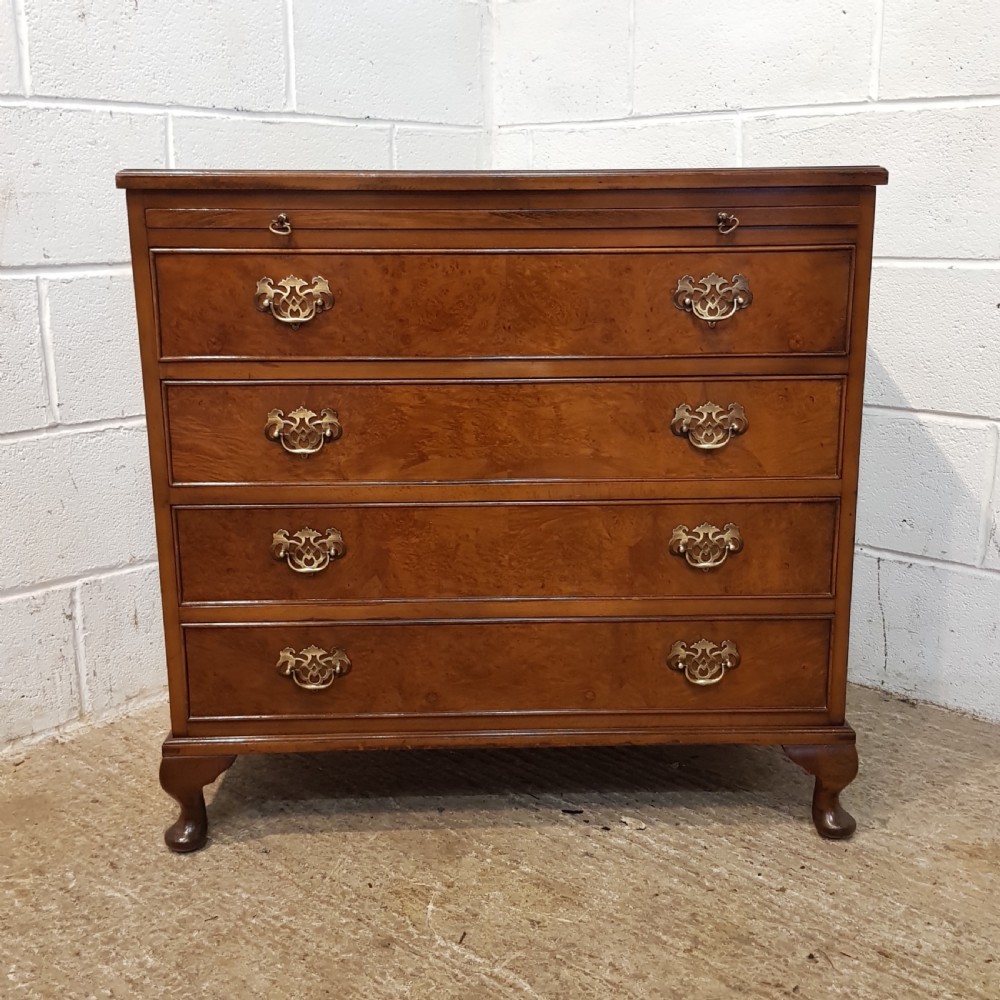 ANTIQUE BURR WALNUT CHEST OF DRAWERS WITH BRUSH SLIDE C1920 View II