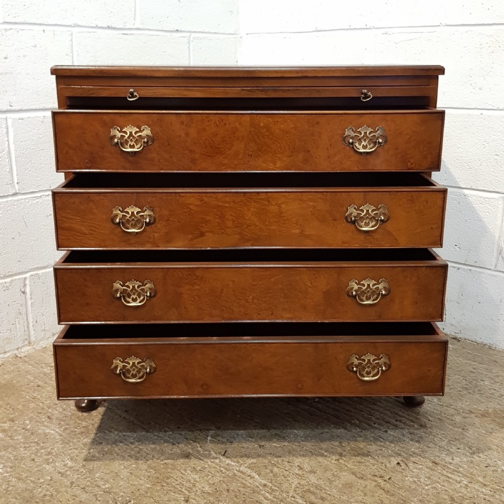 ANTIQUE BURR WALNUT CHEST OF DRAWERS WITH BRUSH SLIDE C1920 View V