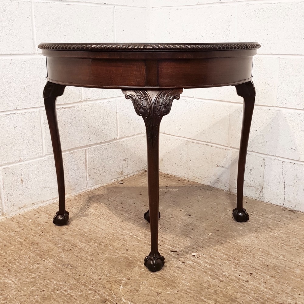 ANTIQUE MAHOGANY FOLD OVER DEMI LUNE CARD TABLE C1920 View II