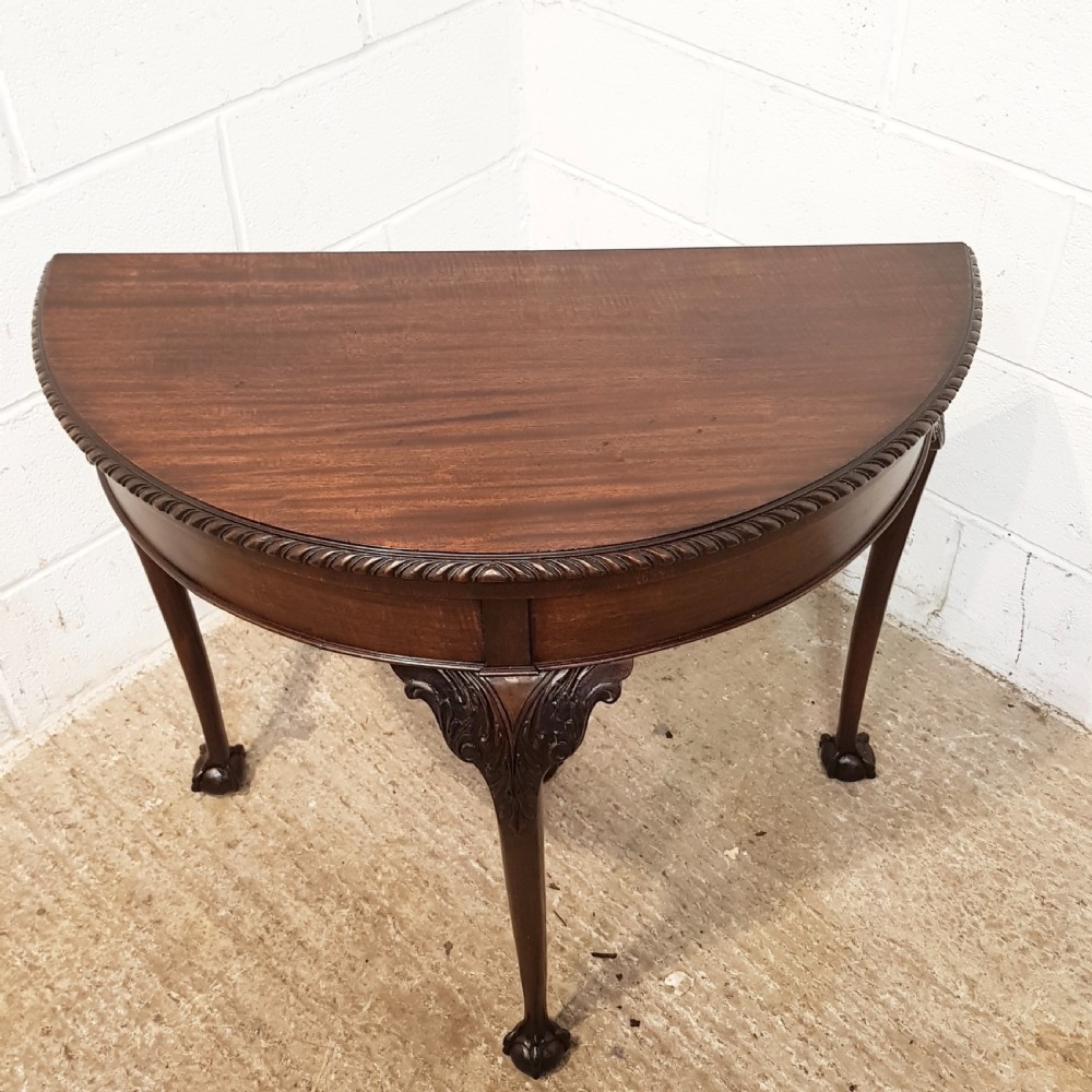 ANTIQUE MAHOGANY FOLD OVER DEMI LUNE CARD TABLE C1920 View III