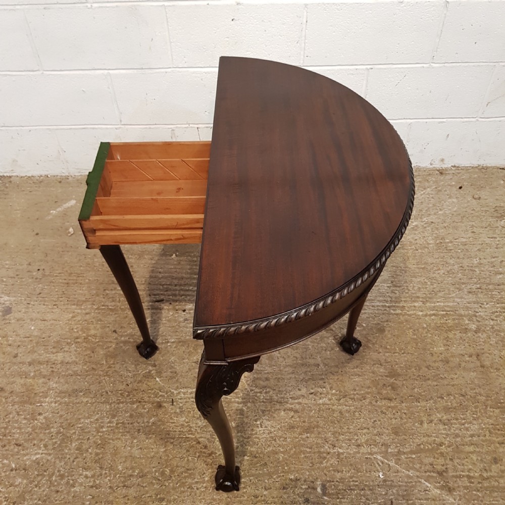 ANTIQUE MAHOGANY FOLD OVER DEMI LUNE CARD TABLE C1920 View IV