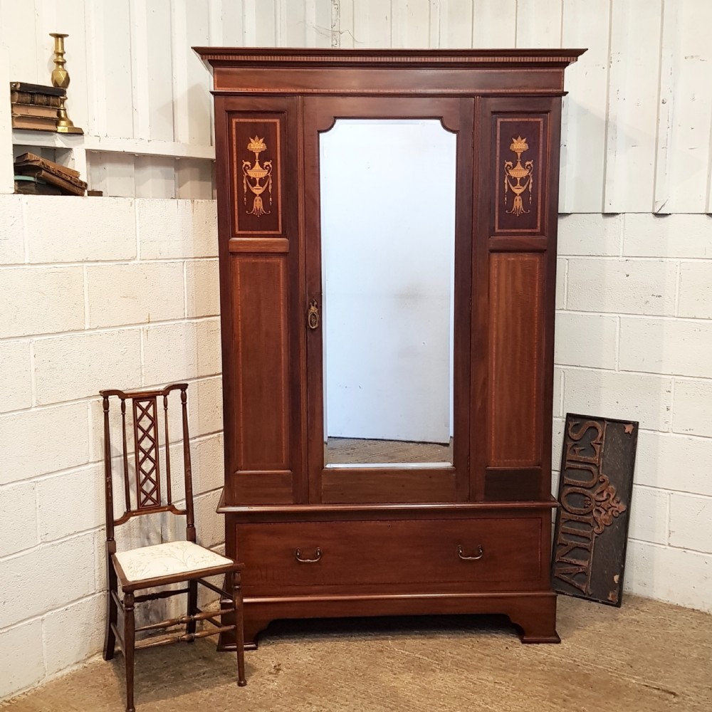 ANTIQUE EDWARDIAN INLAID MAHOGANY SINGLE WARDROBE C1900