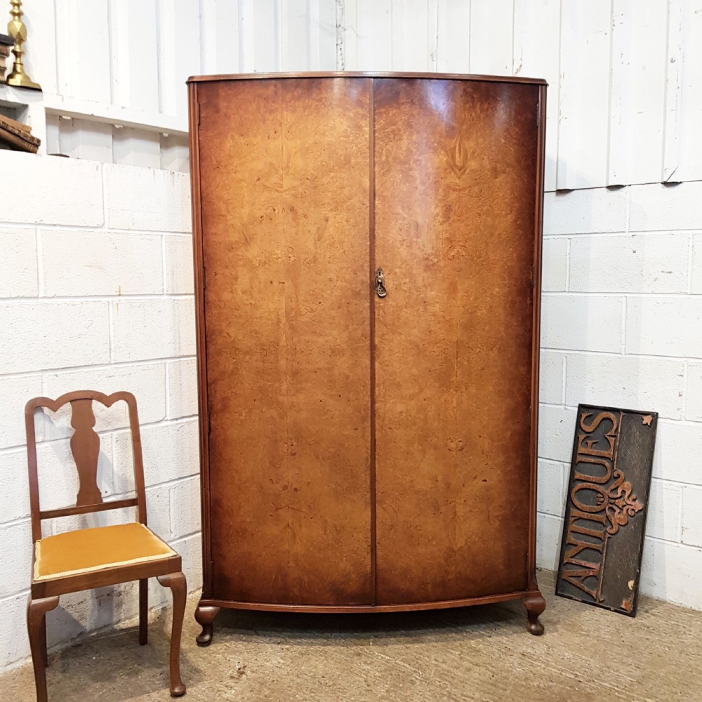 ANTIQUE BURR WALNUT BOW FRONT DOUBLE WARDROBE C1920
