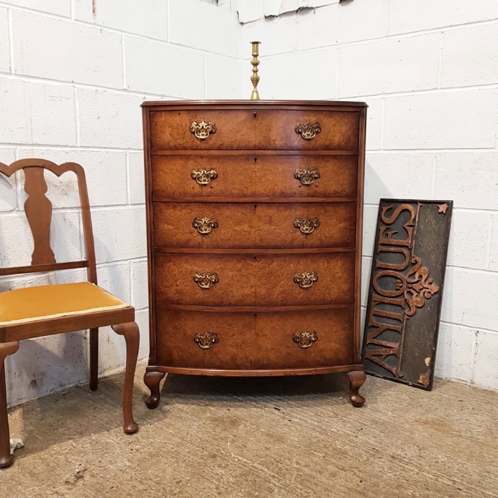 ANTIQUE BURR WALNUT BOW FRONT CHEST OF DRAWERS by DENBY & SPINK C1920