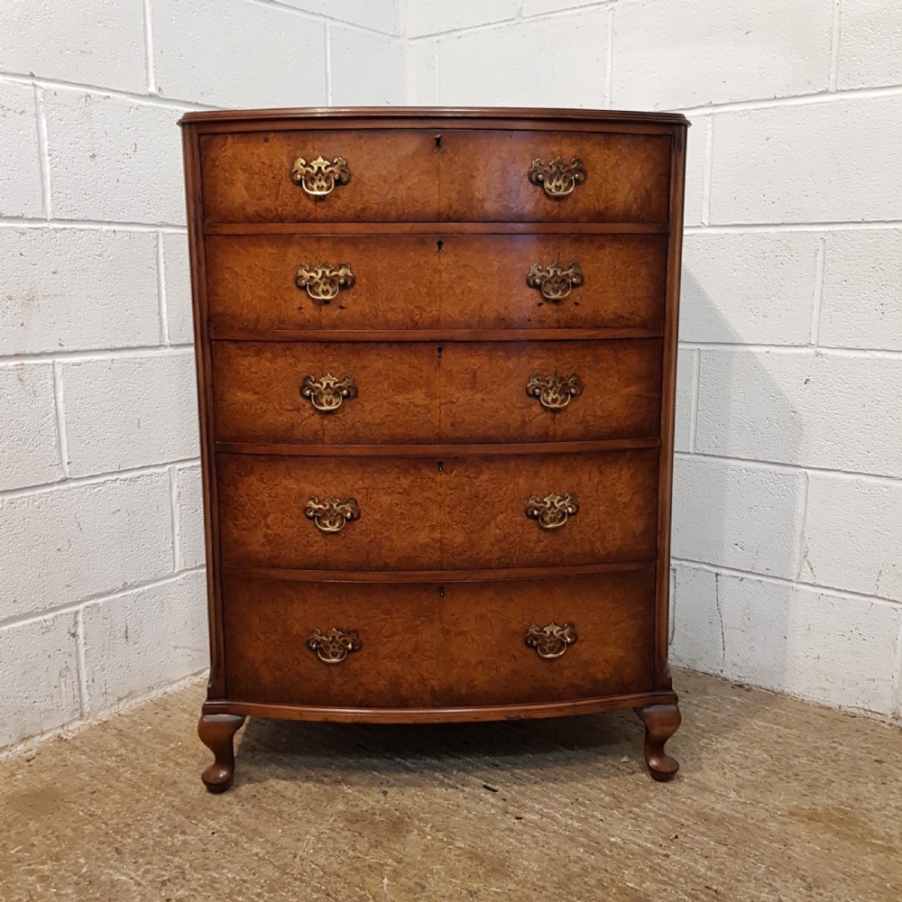 ANTIQUE BURR WALNUT BOW FRONT CHEST OF DRAWERS by DENBY & SPINK C1920 View II