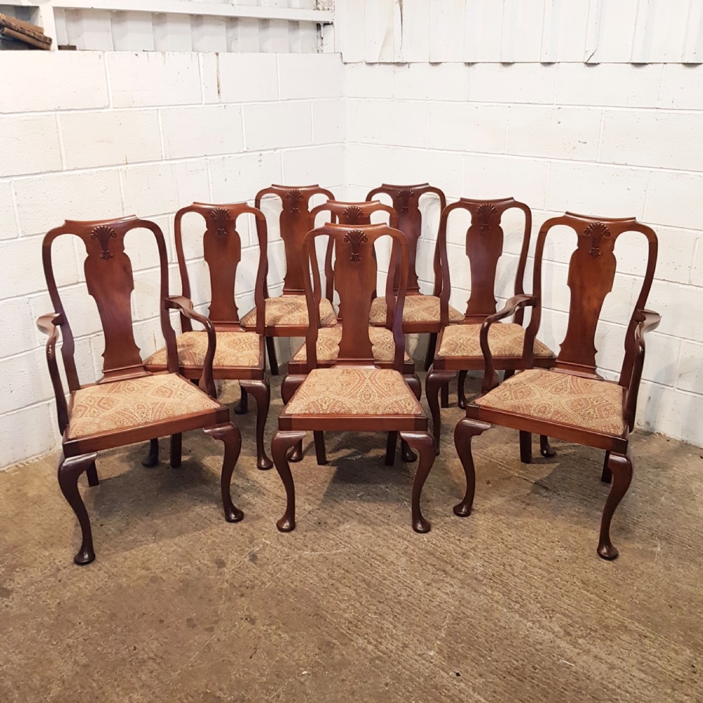 ANTIQUE SET EIGHT EDWARDIAN MAHOGANY QUEEN ANNE DIN8NG CHAIRS C1900