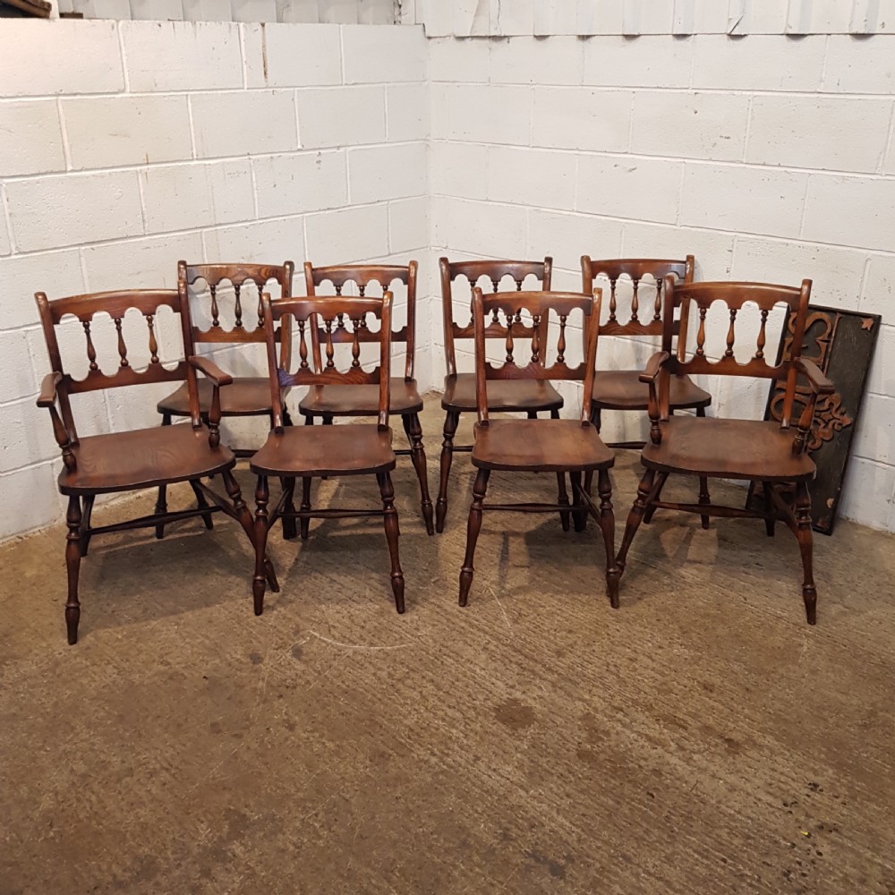ANTIQUE SET EIGHT ASH & ELM COUNTRY DINING CHAIRS C1920