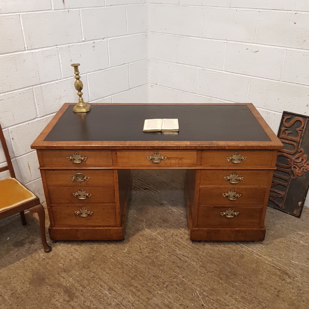 ANTIQUE LATE VICTORIAN OAK & BURR OAK TWIN PEDESTAL DESK C1890 View II