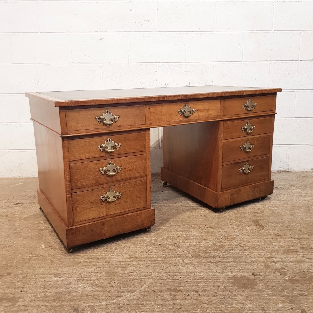 ANTIQUE LATE VICTORIAN OAK & BURR OAK TWIN PEDESTAL DESK C1890 View X