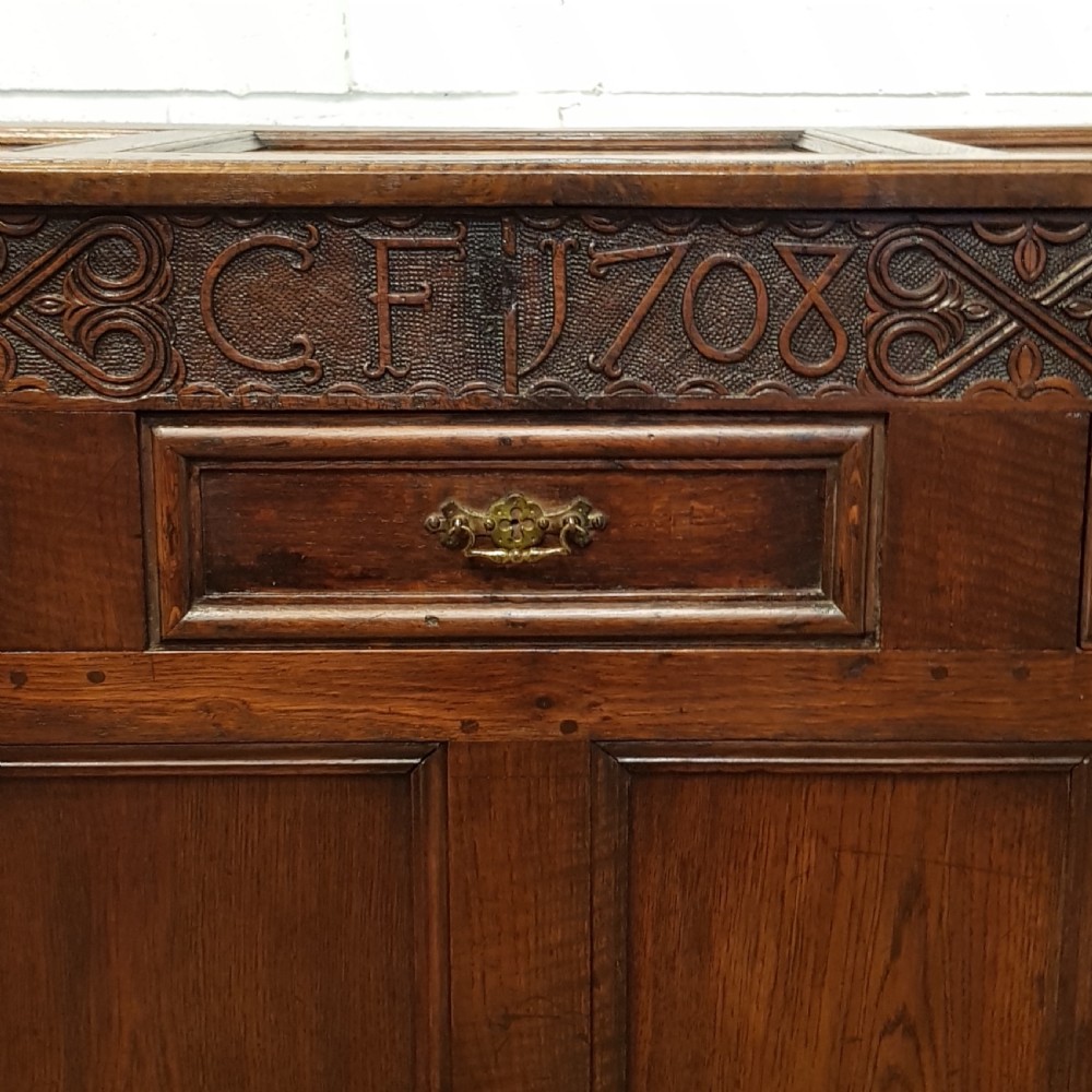 ANTIQUE 18TH CENTURY LARGE CARVED OAK COFFER ( INITIALS FOR CF 1708)  View IV