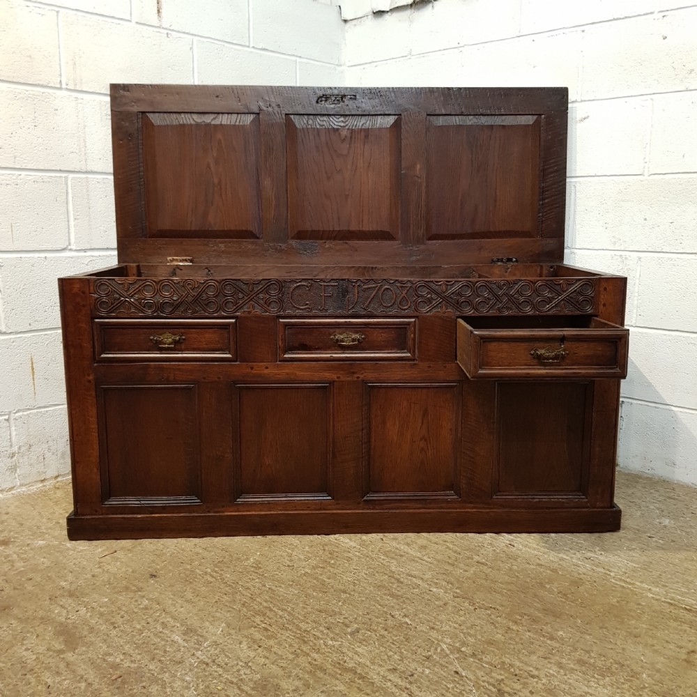 ANTIQUE 18TH CENTURY LARGE CARVED OAK COFFER ( INITIALS FOR CF 1708)  View V