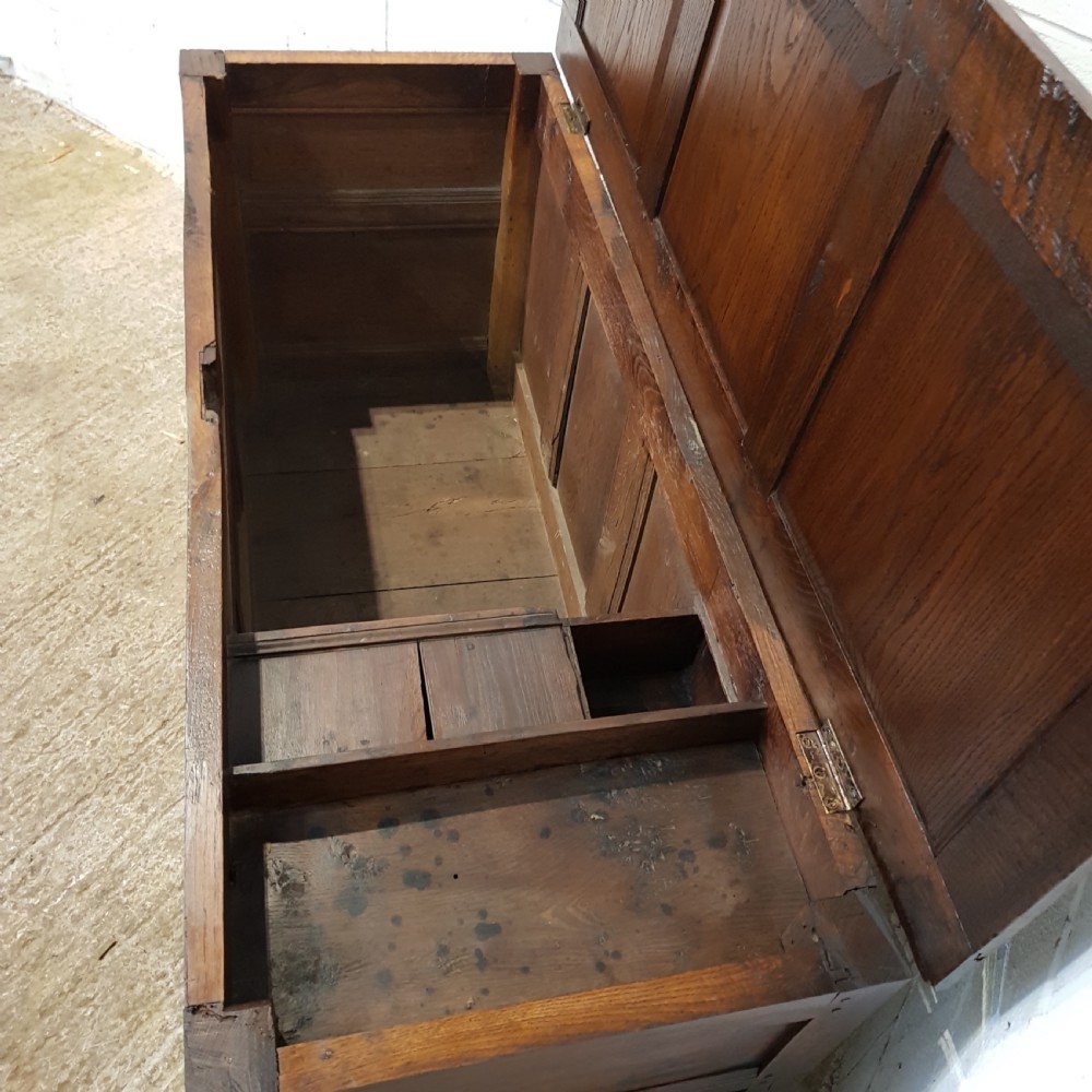 ANTIQUE 18TH CENTURY LARGE CARVED OAK COFFER ( INITIALS FOR CF 1708)  View VI