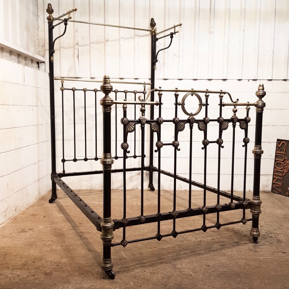 ANTIQUE VICTORIAN BRASS AND IRON HALF TESTER DOUBLE BED C1880