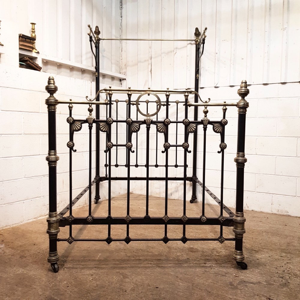 ANTIQUE VICTORIAN BRASS AND IRON HALF TESTER DOUBLE BED C1880 View II