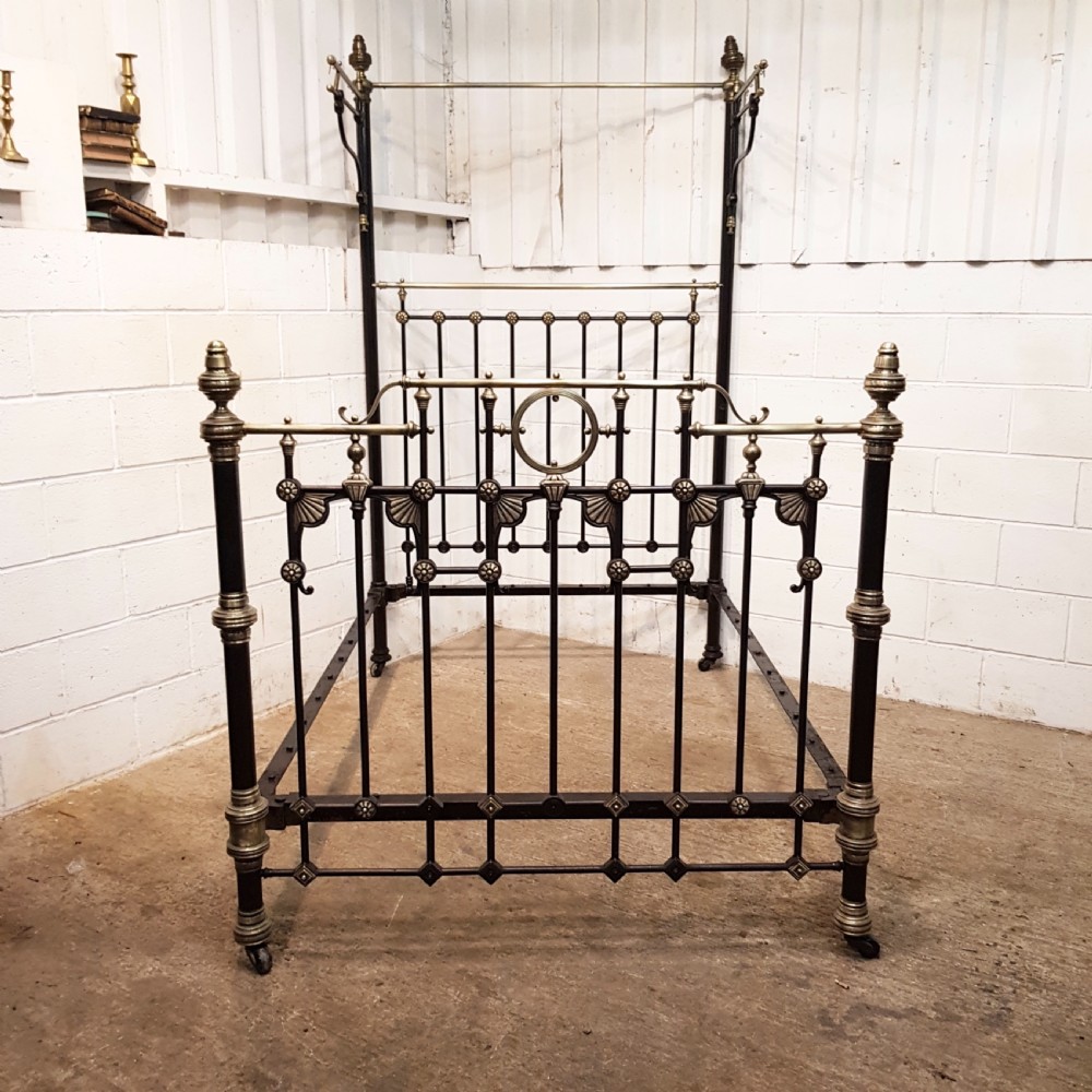 ANTIQUE VICTORIAN BRASS AND IRON HALF TESTER DOUBLE BED C1880 View IV