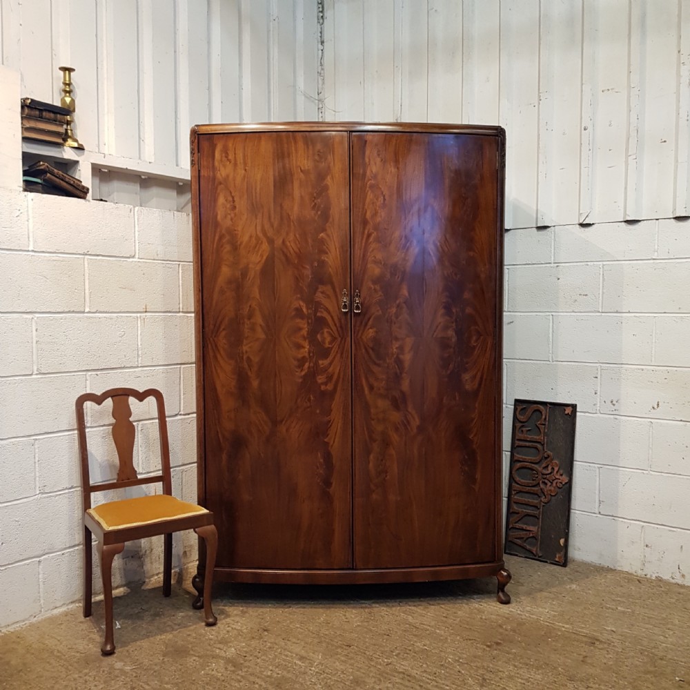 ANTIQUE BURR WALNUT BOW FRONT DOUBLE WARDROBE C1920