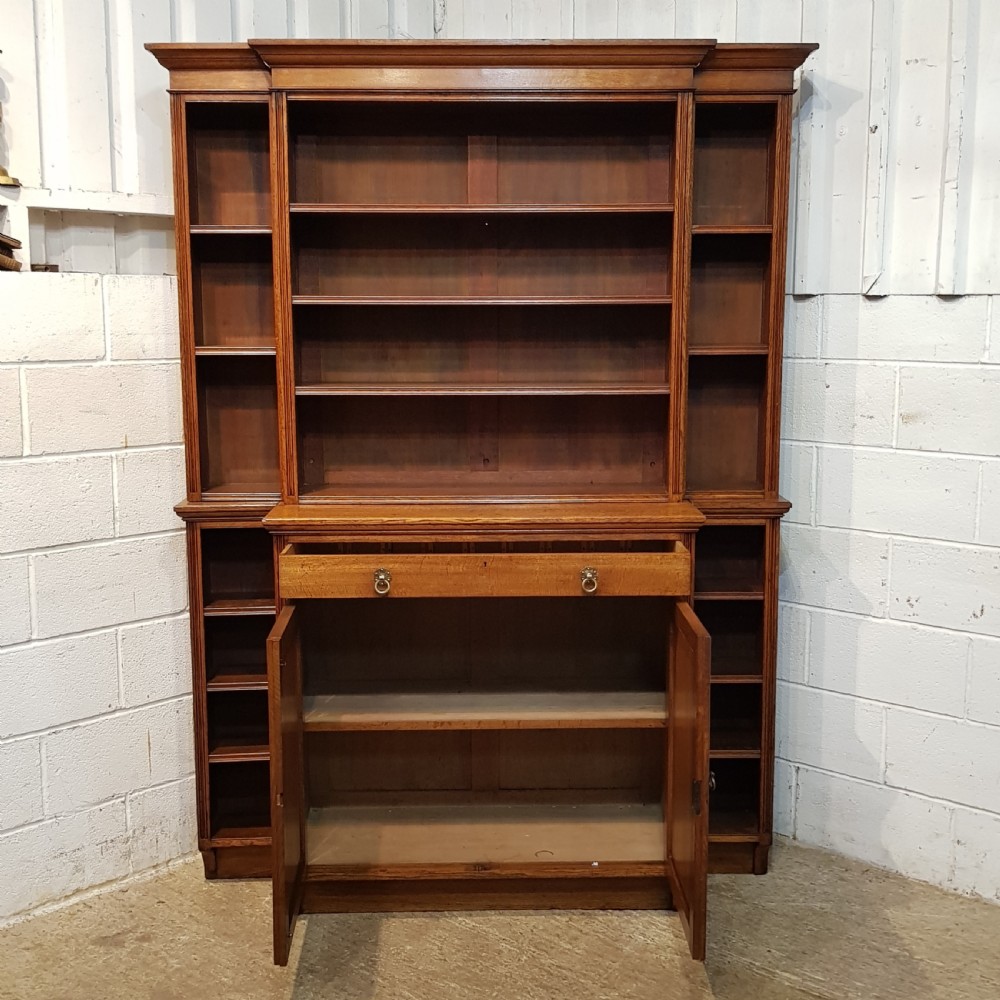 ANTIQUE LATE VICTORIAN OAK BREAKFRONT OPEN BOOKCASE C1890 View VII