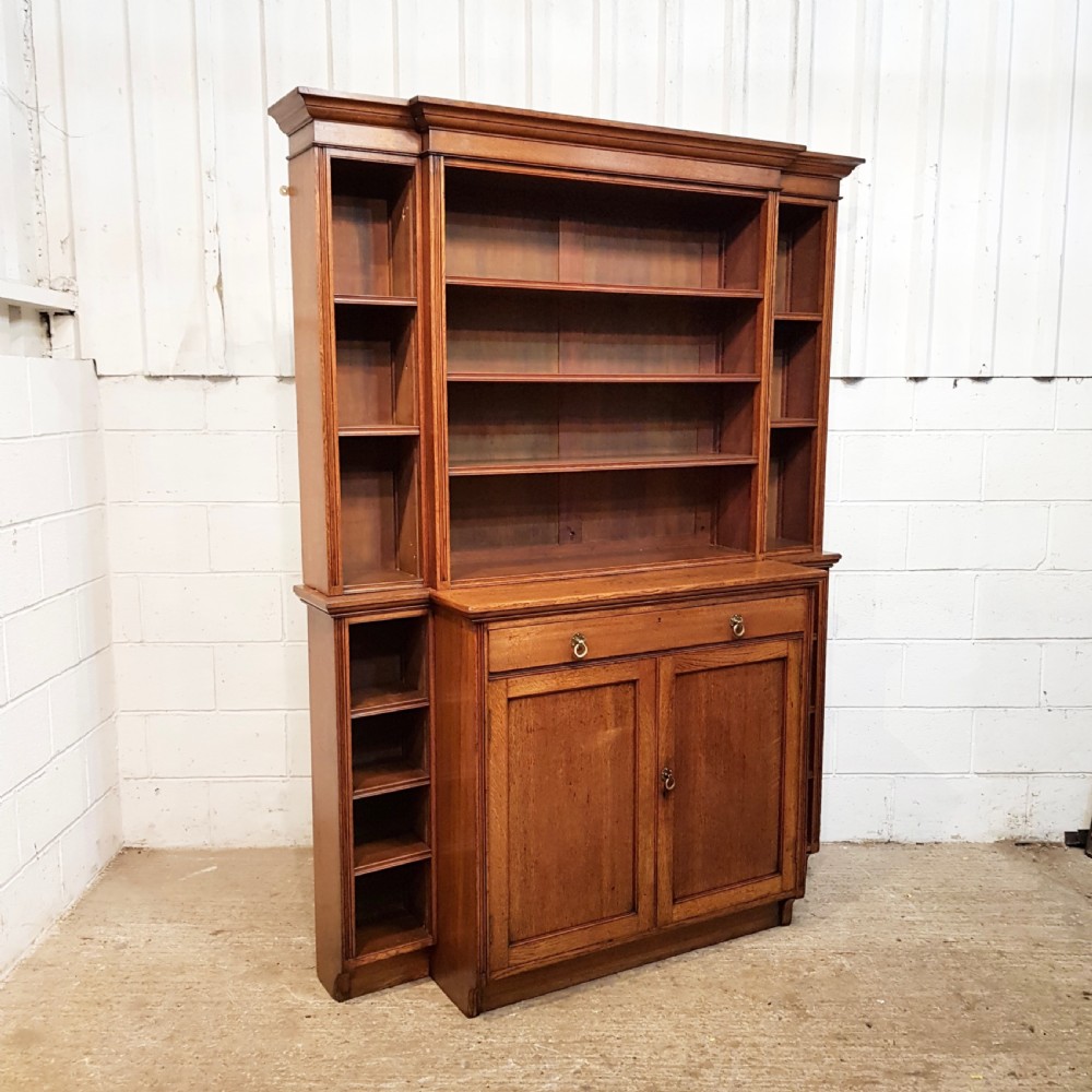 ANTIQUE LATE VICTORIAN OAK BREAKFRONT OPEN BOOKCASE C1890 View VIII