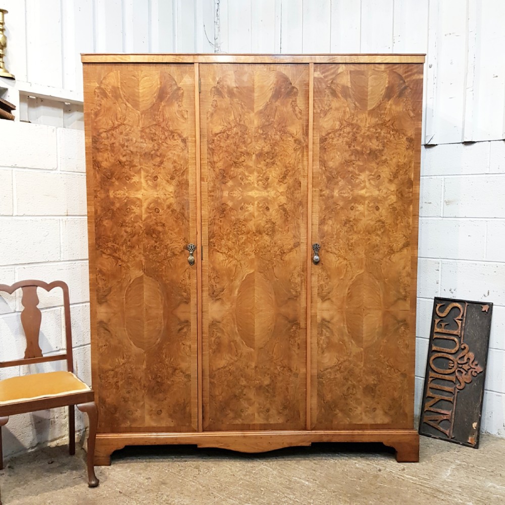 ANTIQUE BURR WALNUT TRIPLE WARDROBE C1920