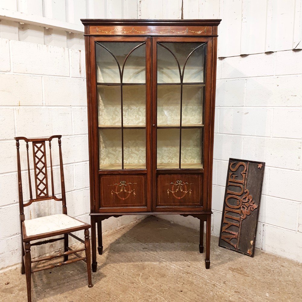 ANTIQUE EDWARDIAN INLAID MAHOGANY GLAZED DISPLAY CABINET C1900
