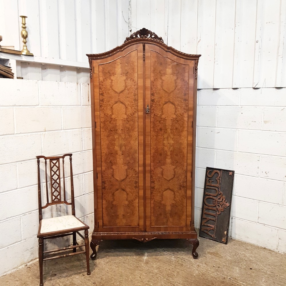 ANTIQUE BURR WALNUT FITTED WARDROBE ARMOIRE C1920