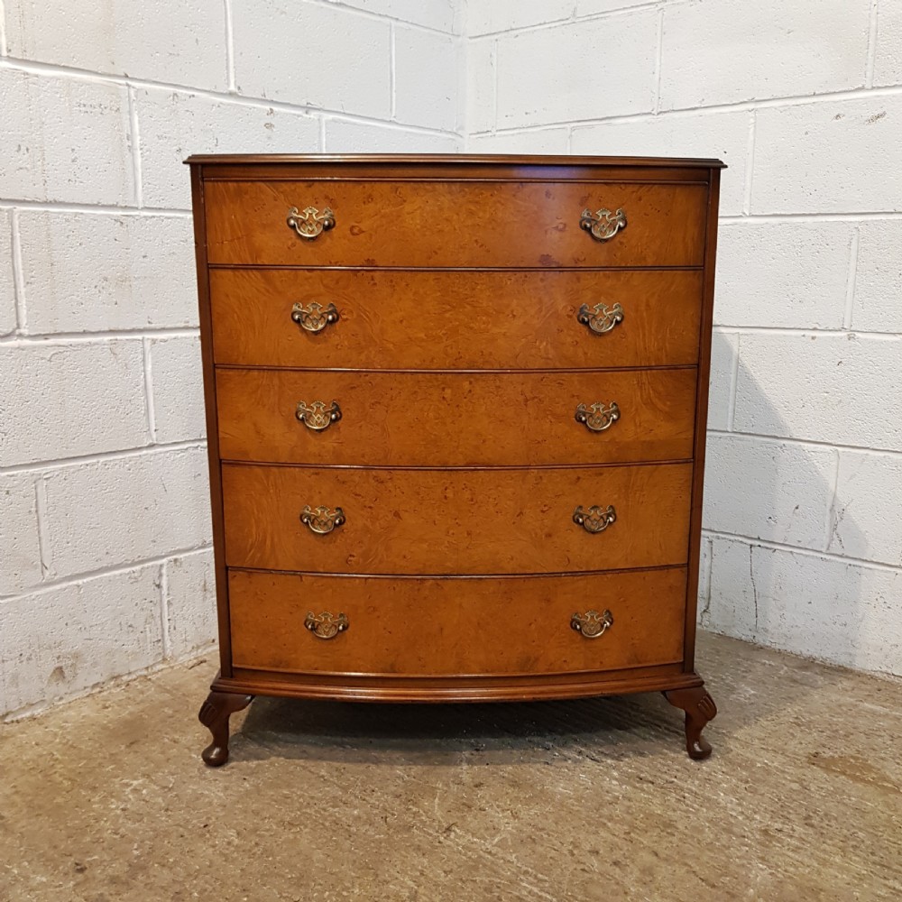 ANTIQUE BURR WALNUT BOW FRONT CHEST OF DRAWERS C1920 View IV