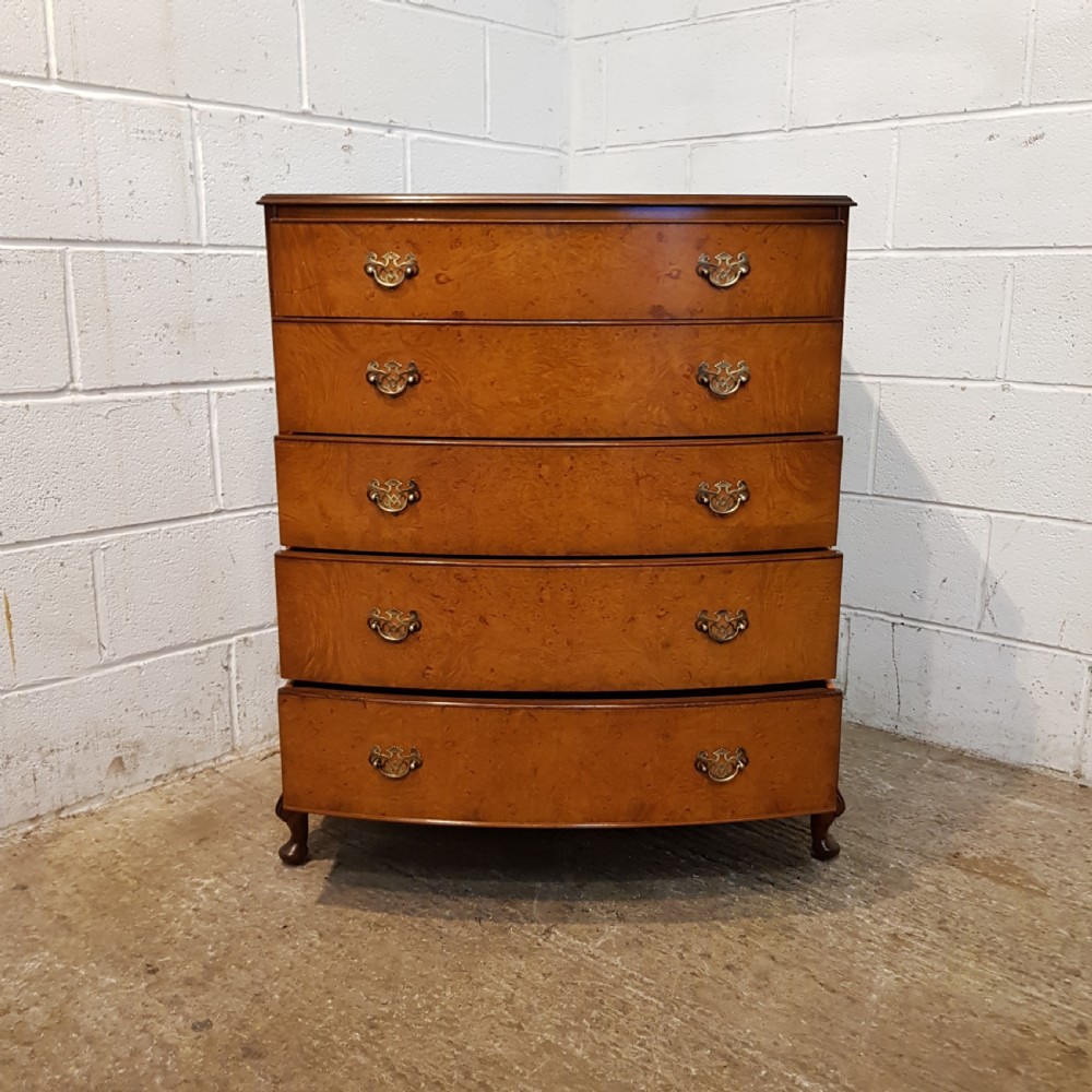 ANTIQUE BURR WALNUT BOW FRONT CHEST OF DRAWERS C1920 View V