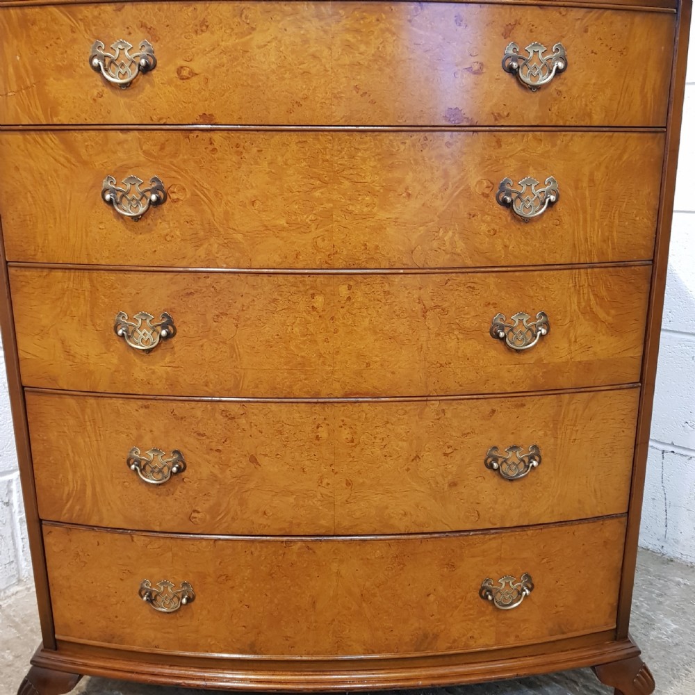 ANTIQUE BURR WALNUT BOW FRONT CHEST OF DRAWERS C1920 View VI