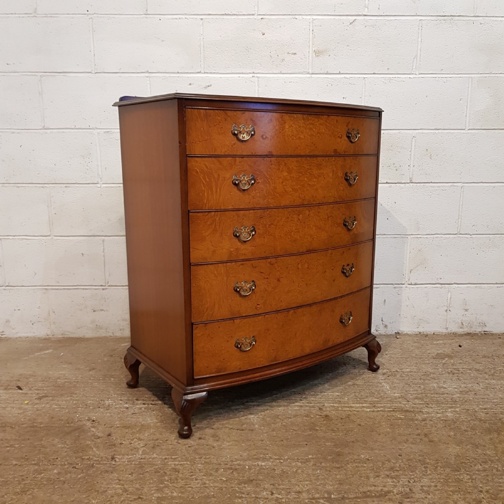 ANTIQUE BURR WALNUT BOW FRONT CHEST OF DRAWERS C1920 View VII