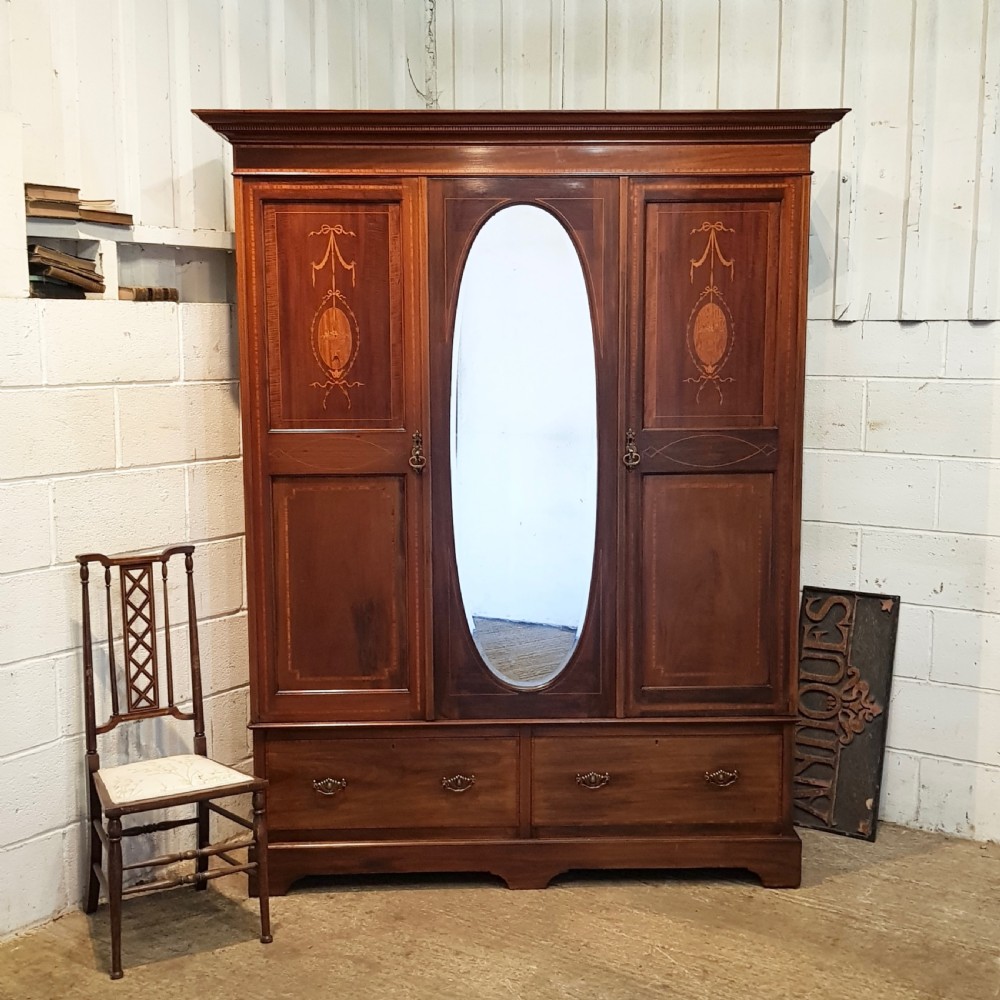 ANTIQUE EDWARDIAN MAHOGANY INLAID DOUBLE WARDROBE C1900
