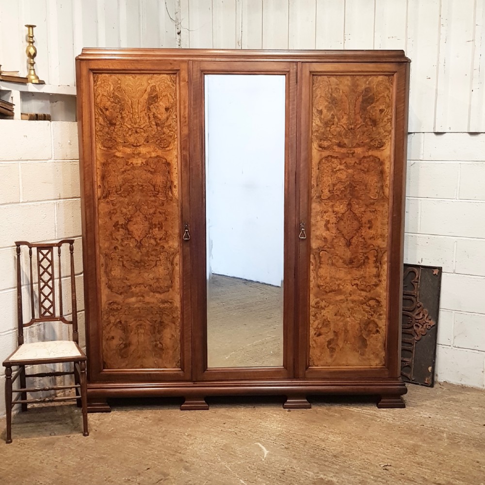 ANTIQUE ART DECO BURR WALNUT TRIPLE WARDROBE C1920