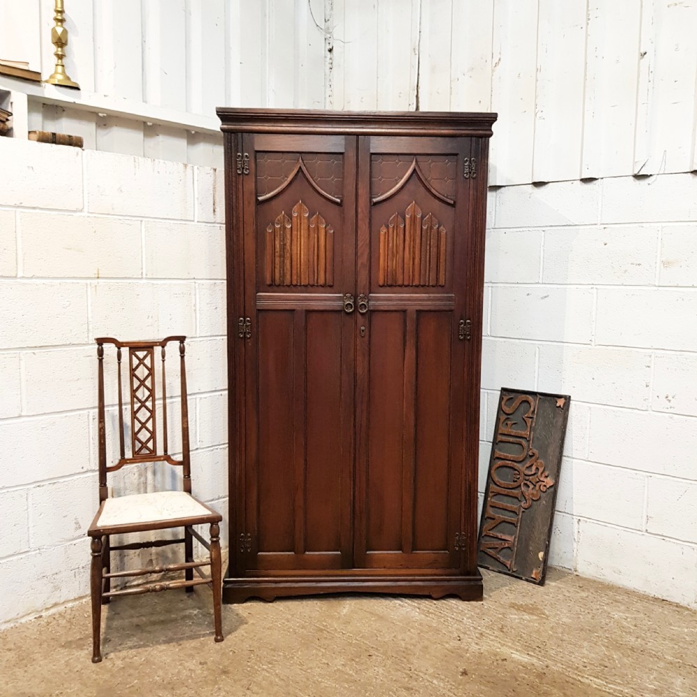 ANTIQUE CARVED OAK FITTED GENTS WARDROBE C1920