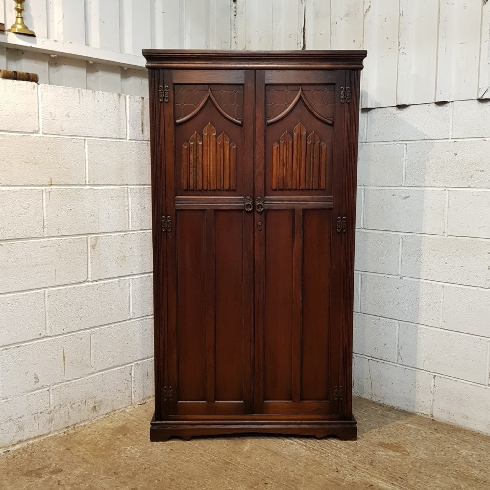 ANTIQUE CARVED OAK FITTED GENTS WARDROBE C1920 View III