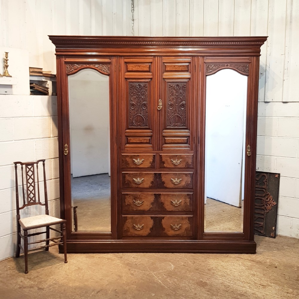 ANTIQUE VICTORIAN BURR WALNUT TRIPLE WARDROBE  C1880