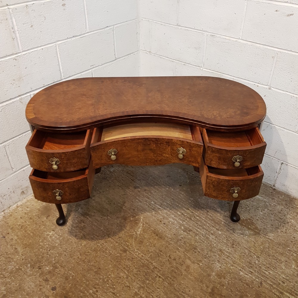 Antique burr walnut kidney shaped dressing table c1920 View III