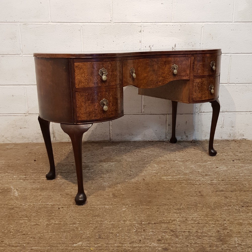 Antique burr walnut kidney shaped dressing table c1920 View V