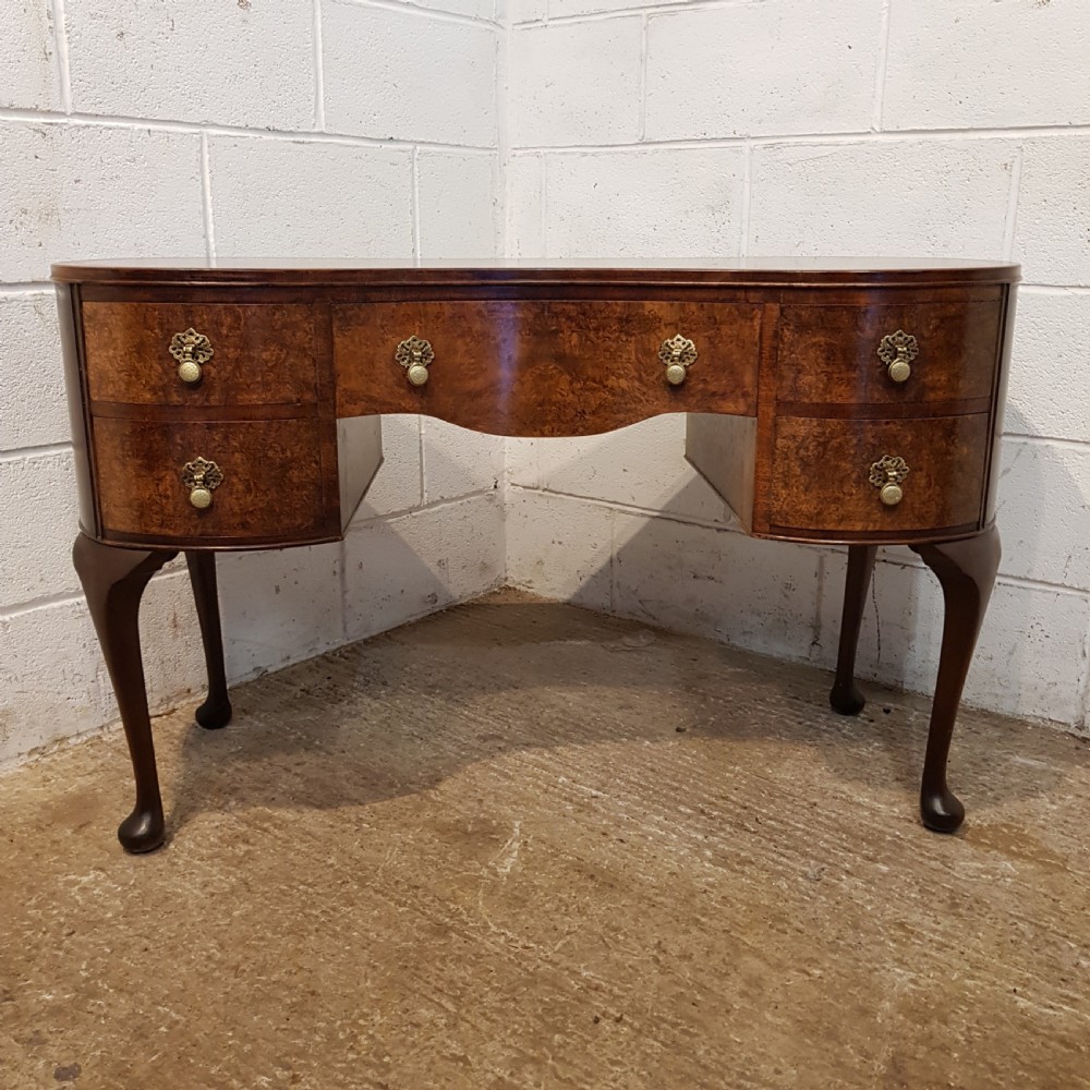 Antique burr walnut kidney shaped dressing table c1920 View VII
