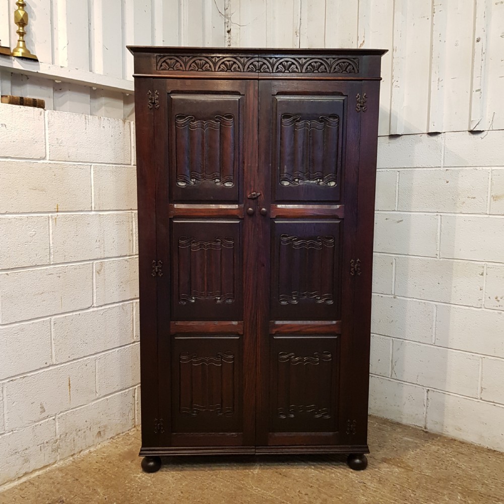 ANTIQUE CARVED OAK LINEN FOLD DOUBLE WARDROBE C1920 View IV