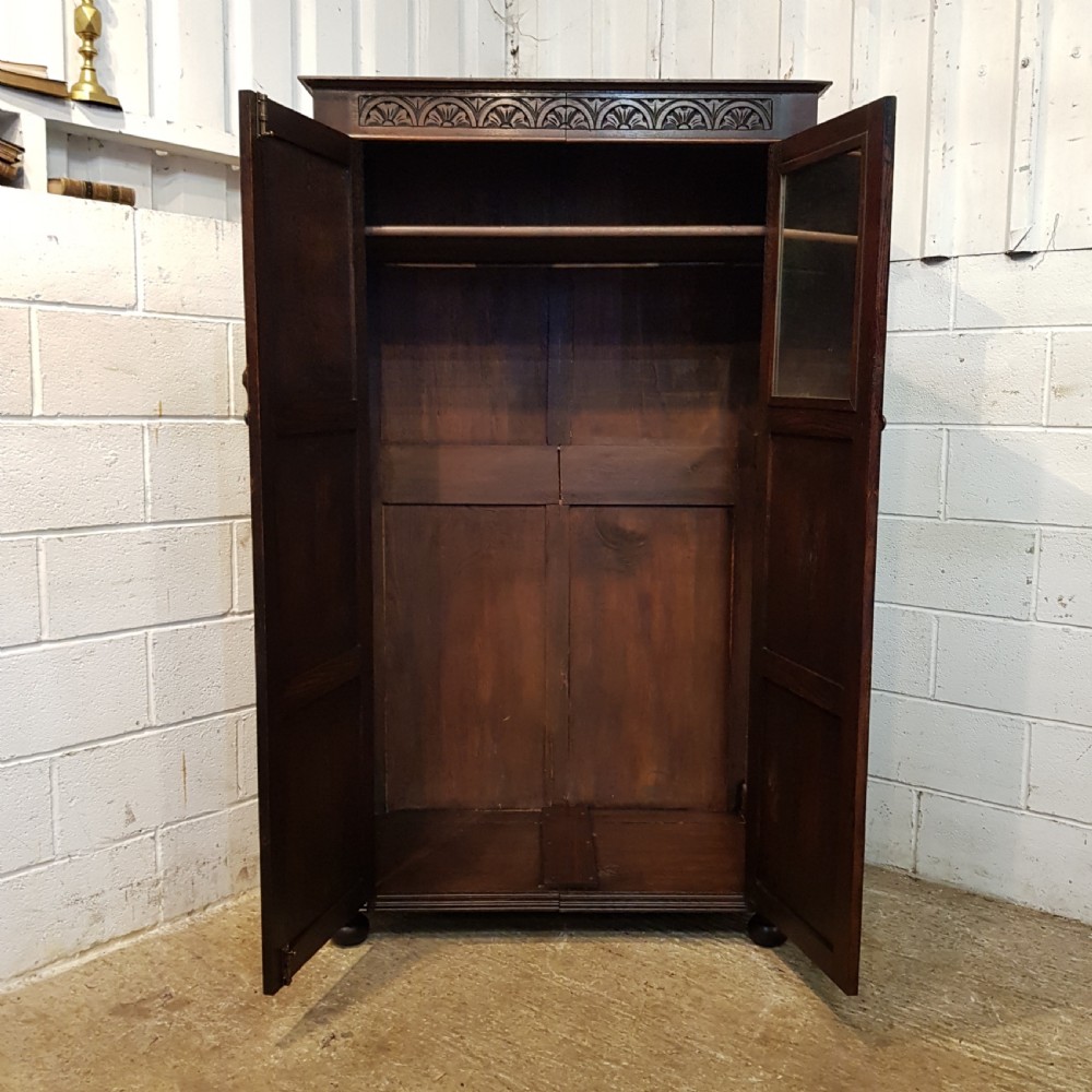 ANTIQUE CARVED OAK LINEN FOLD DOUBLE WARDROBE C1920 View V