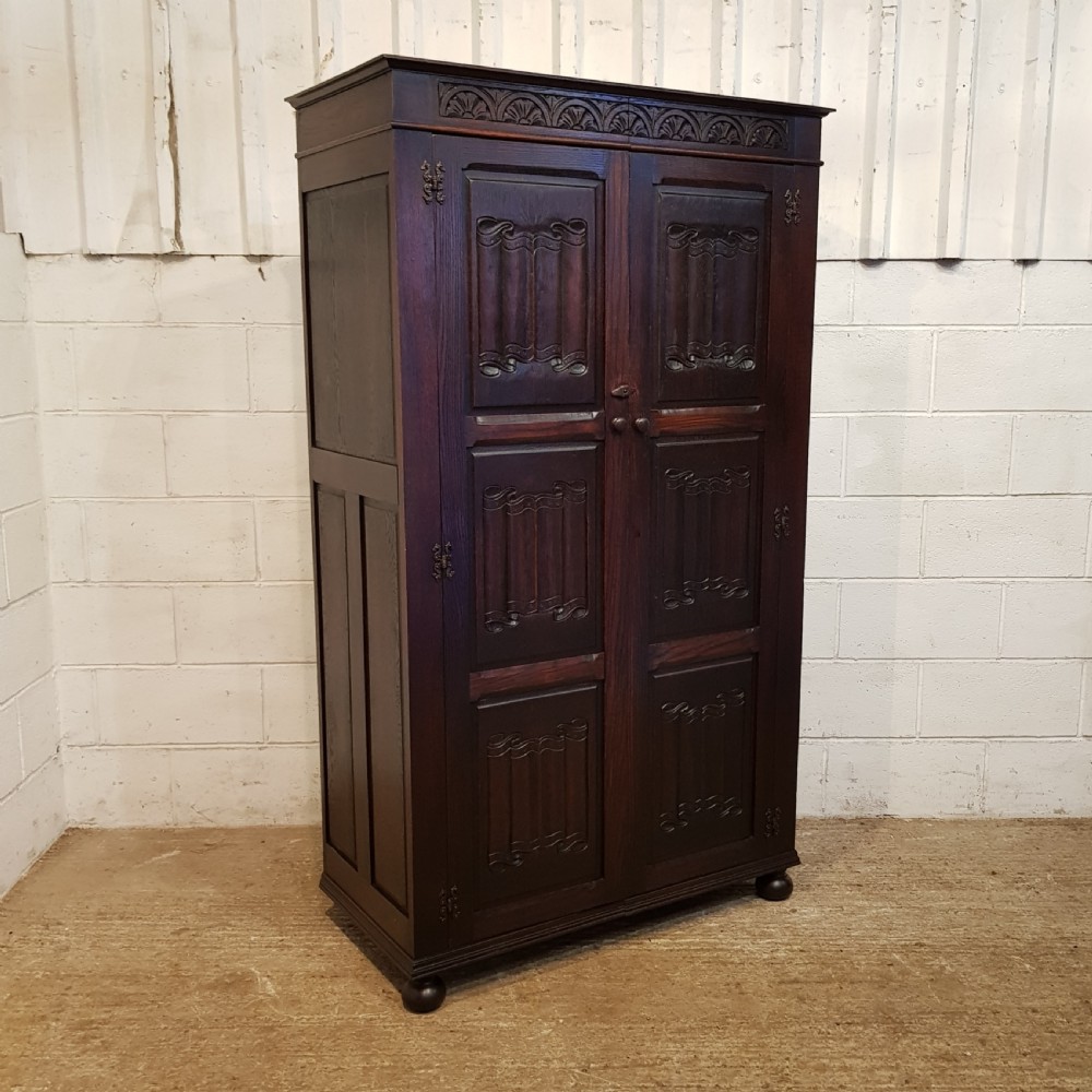 ANTIQUE CARVED OAK LINEN FOLD DOUBLE WARDROBE C1920 View VI