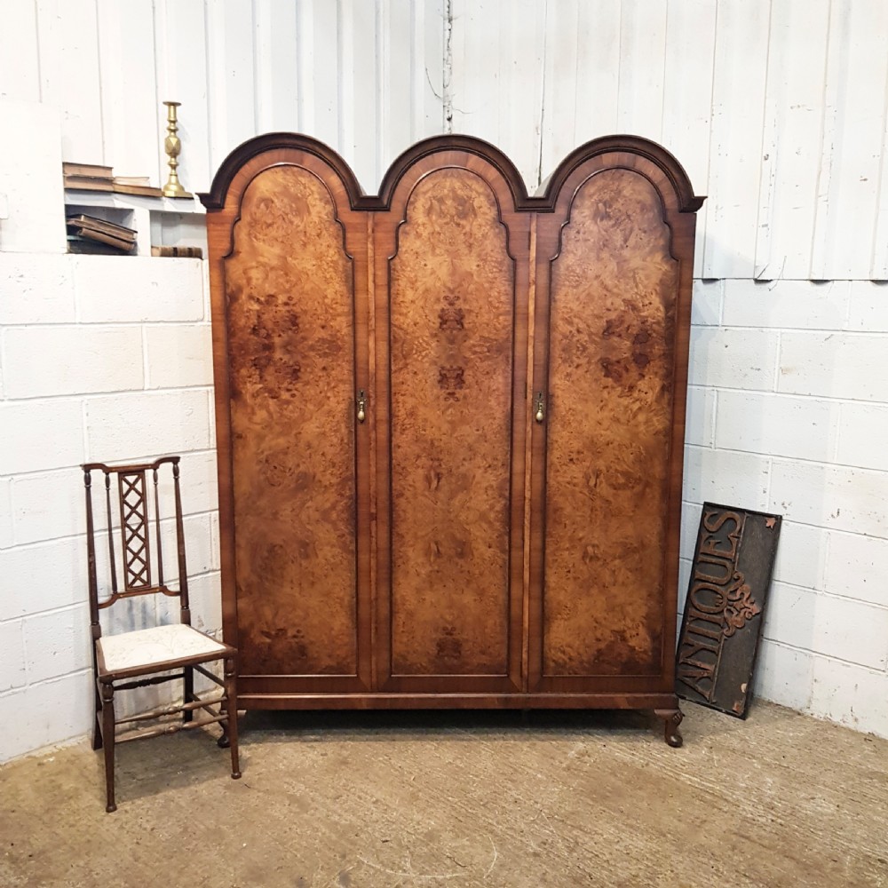 ANTIQUE BURR WALNUT TRIPLE DOME TOP WARDROBE C1920