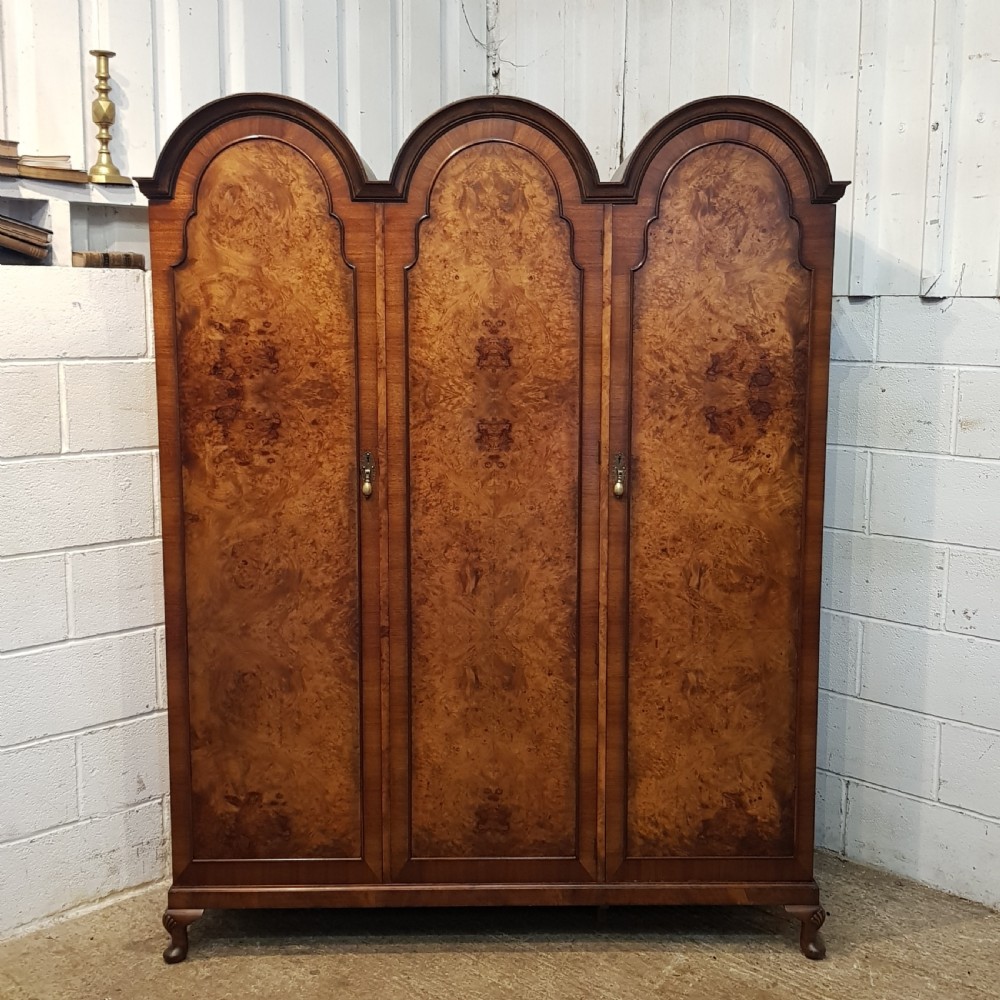 ANTIQUE BURR WALNUT TRIPLE DOME TOP WARDROBE C1920 View II