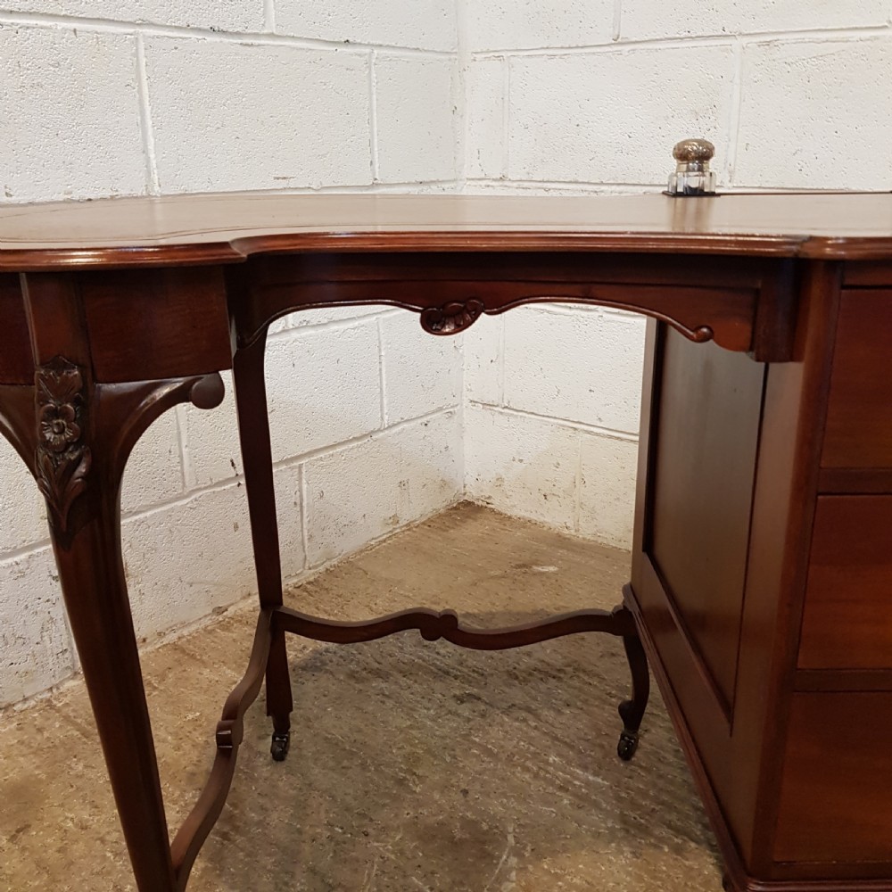ANTIQUE ART NOUVEAU LEATHER TOP LADIES DESK WITH ORIGINAL SILVER INKWELLS C1890 View II