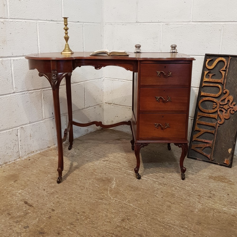 ANTIQUE ART NOUVEAU LEATHER TOP LADIES DESK WITH ORIGINAL SILVER INKWELLS C1890 View III
